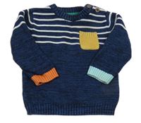 Tmavomodrý melírovaný sveter s pruhmi a kapsičkou Next