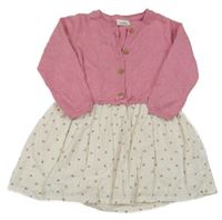 Růžové pletené šaty s květovanou sukní Next