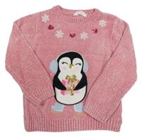 Ružový žinylkový sveter s tučňákem Primark