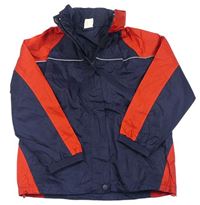 Tmavomodro-červená šušťáková jarná bunda s ukrývací kapucňou