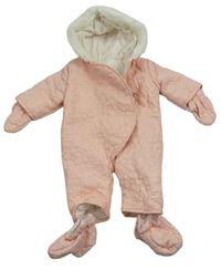 Světlerůžová kytičkovaná šusťáková zimní kombinéza + rukavice + capáčky Mothercare