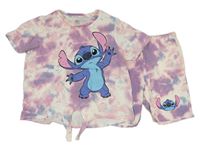 2set - Fialovo-růžovo-bílé batikované tričko s uzlem + elastické kraťasy se Stitchem Primark