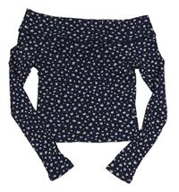 Tmavomodré rebrované crop tričko s kvietkami a golierom H&M