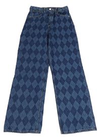 Tmavoodro-modré kárované wide high waist rifle H&M