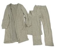 3set - Béžový žebrovaný svetrový cardigan + kalhoty + crop top Shein