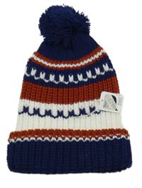 Nové - Tmavomodro-bílo-rezavá vzorovaná pletená čepice s bambulí 