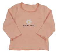 Broskvové žebrované triko s květem a nápisem