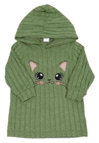 Zeleno-sivý melírovaný rebrovaný sveter s mačkou a kapucňou
