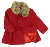 Červený flaušový podšitý kabát s mašličkami a kožušinovým golierikom F&F