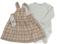 Nový - 2Set - Starorůžovo-bílé kostkované vlněné propínací šaty + bílé žebrované body F&F