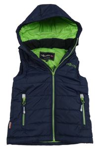 Tmavomodrá prešívaná šušťáková zateplená vesta s logom a odopínacíá kapucňou TROLLKIDS