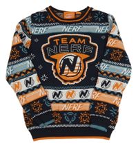 Tmavomodro-modrošedo-bielo-oranžový sveter s logy NERF