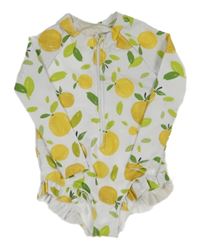 Bílé jednodílné plavky s citrony a volánky a UV ochranou SHEIN