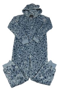 Modrošedo-tmavomodro-bílá plyšová kombinéza s kapucí s oušky NIELSSON