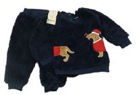 Nové - 2Set - Tmavmodrá chlupatá mikina s pejskem s vánočním motivem + kalhoty lupilu