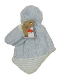 Nové - 2Set - Světlemodro-bílá0 melírovaná vzorovaná pletená čepice s pruhy a bambulí + rukavice Nutmeg