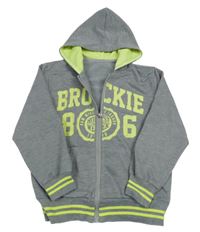 Sivá melírovaná prepínaci mikina s nápisom a číslom a pruhmi a kapucňou