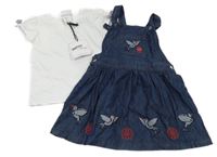 Nové - 2Set - Tmavomodré riflové šaty s ptáčky a kapsou + bílé tričko s mašlemi BOPSTER&Mimi