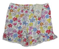 Nové - biele kraťasy s farebnými kvietkami a mašlou a volánikmi PRIMARK