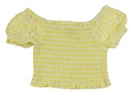 Žlto-biele kockované žabičkové crop tričko s madeirou Matalan