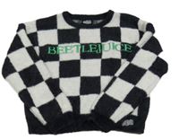 Čierno-svetlosivý kockovaný chlpatý crop sveter s nápisem - Beetlejuice Primark