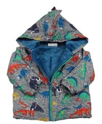 Šedá melírovaná šusťáková zateplená bunda s dinosaury a kapucí MickMack