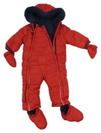 Červená prešívaná šušťáková zimná kombinéza s kapucí + rukavice + cápačky Mothercare