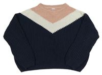 Tmavomodro-starorůžovo-biely oversize sveter C&A