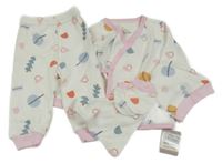 Nové - 5set - Bílé žebrované zavinovací triko s obrázky + lehké tepláky + žebrovaná čepice + rukavičky + slinták