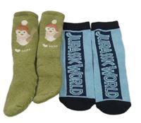 2x ponožky - modro-černé s nápisem - Jurský svět + khaki teplé s ptáčky
