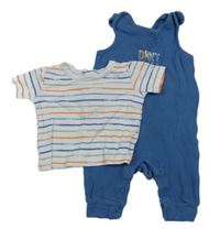 2set - Modré rebrované na traké tepláky s nápisem + bielo-farebné pruhované tričko DKNY