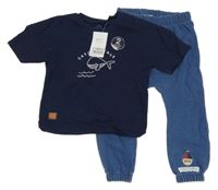 Nové - 2set - Tmavomodré rebrované tričko s velrybou + modré tepláky s výšivkou Next