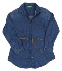 Tmavomodrá prepínaci šatová košeľová tunika s opaskom Benetton