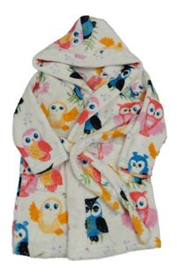 Smetanovo-barevný chlupatý župan se sovami a kapucí 