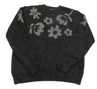 Antracitový chlupatý svetr se stříbrnými květinami Next