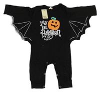 Nové - Čierny bavlnený overal s tekvicou a křídly - netopýr