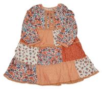 Lososovo-modro-bílé květované patchworkové šaty Topomini