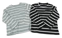 2set - 2x žebrované pruhované triko - šedo-bílé + černo-bílé