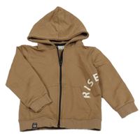 Hnědá propínací mikina s nápisem a kapucí 