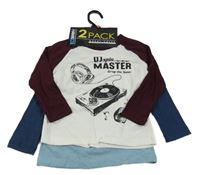 Nové - 2set - 2x triko - Bílo-vínové triko s gramofonem + Modré triko s městem 