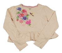 Světlerůžové crop triko s 3D květy a ptáčkem