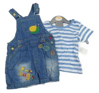 Nové - 2set - Modro-bílé pruhované tričko + modré riflové podšité laclové kraťasy s brouky Puddlepat