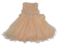 Svetloružové slávnostné tylové šaty s 3D kvety a výšivkami