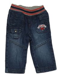 Tmavomodré rifle s výšivkou a úpletovým pasom C&A