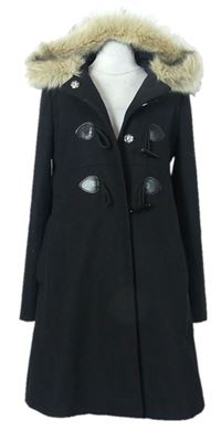 Dámsky čierny flaušový kabát s kapucňou s kožúškom Asos