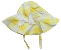 Dámsky žlto-biely kockovaný plátenný klobúk s mašlou