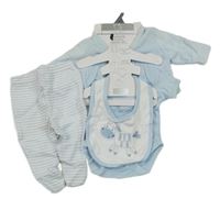 Nové - 4set- modrá zamatová prepínaci mikina+ pruhované polodupky+ modré body+ podbradník Early Days