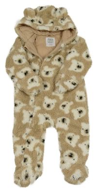 Béžová huňatá podšitá kombinéza s medvědy a kapucí F&F