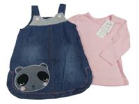 Nové - 2set- tmavomodré riflové šaty s pandou+ růžové triko Nutmeg