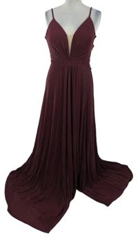 Dámské vínovo-stříbrné plesové dlouhé šaty s rozparkem a volnými zády Vero Mont